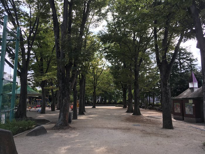 大宮前公園： 草木がきれいに生い茂り、水遊びのスペースもある広々とした公園