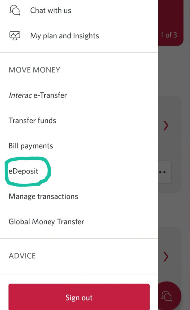 カナダの銀行のモバイルアプリの「eDeposit」から小切手を入金