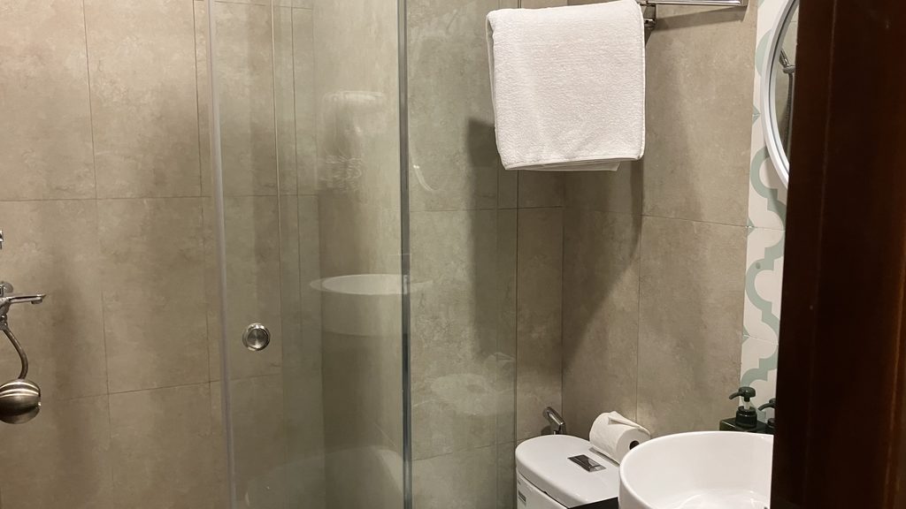 トイレとシャワールーム。ちらっと写っている洗面所のタイルのデザインがかわいい